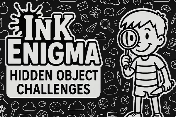 Ink ENIGMA Hidden Object gameplay featuring a hand-drawn sketchbook puzzle page