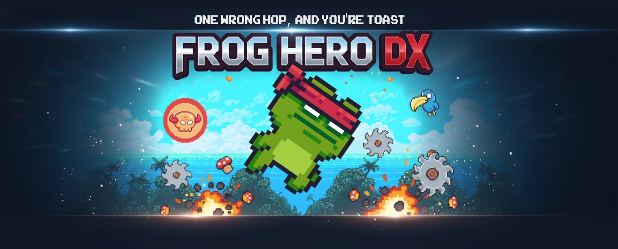 Frog Hero DX pixel-art platformer banner showing a frog in a dangerous environment