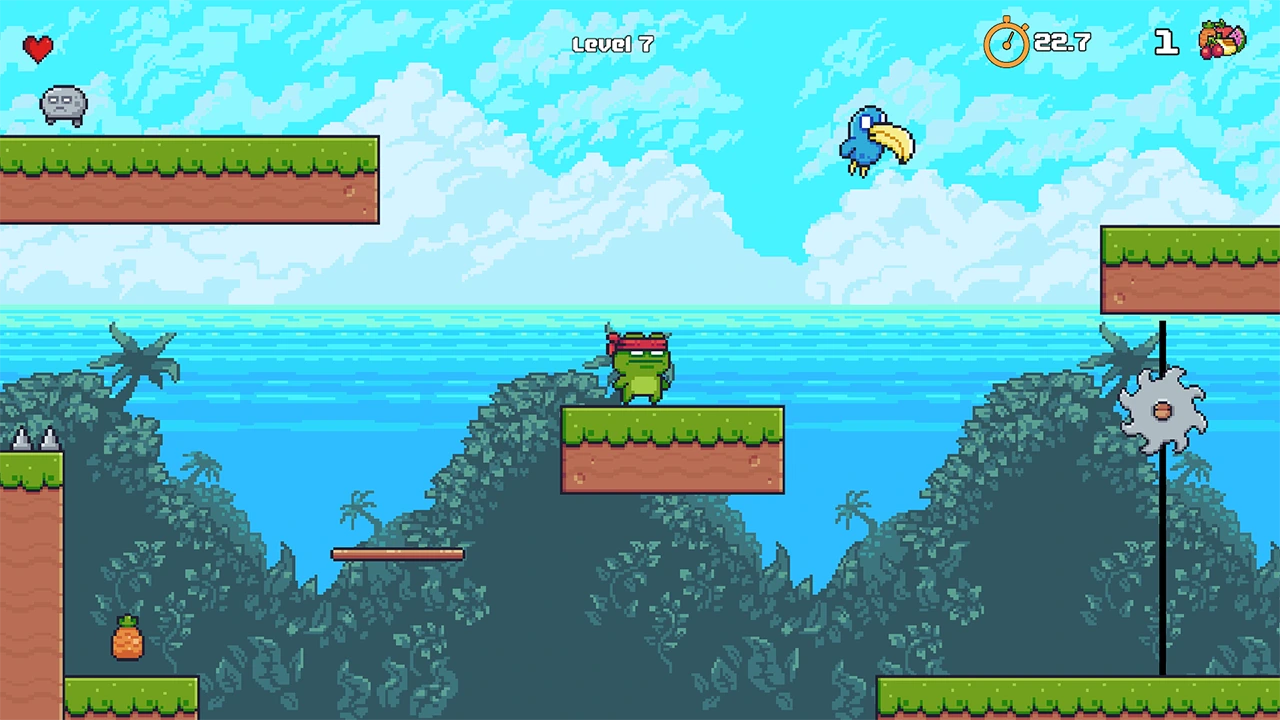 Frog Hero DX gameplay showing precise jumping between spike traps