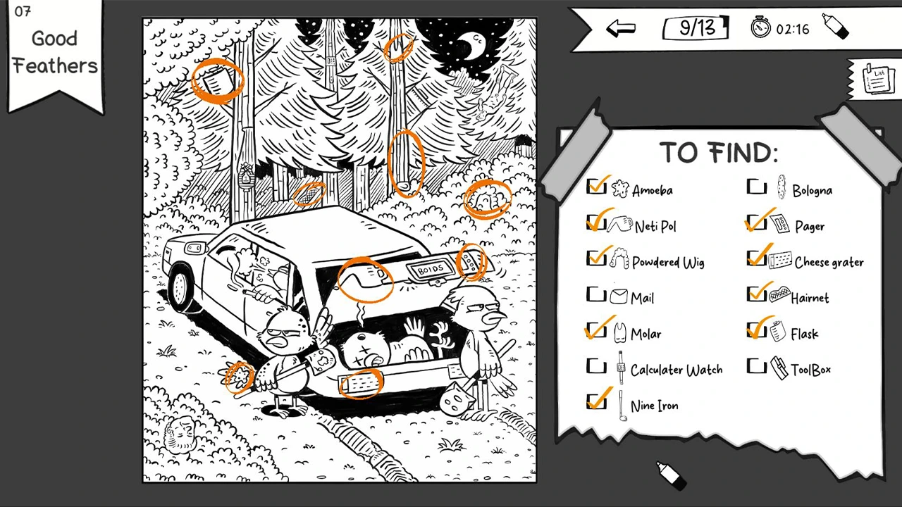 Ink ENIGMA gameplay showing a detailed black and white sketchbook page full of objects