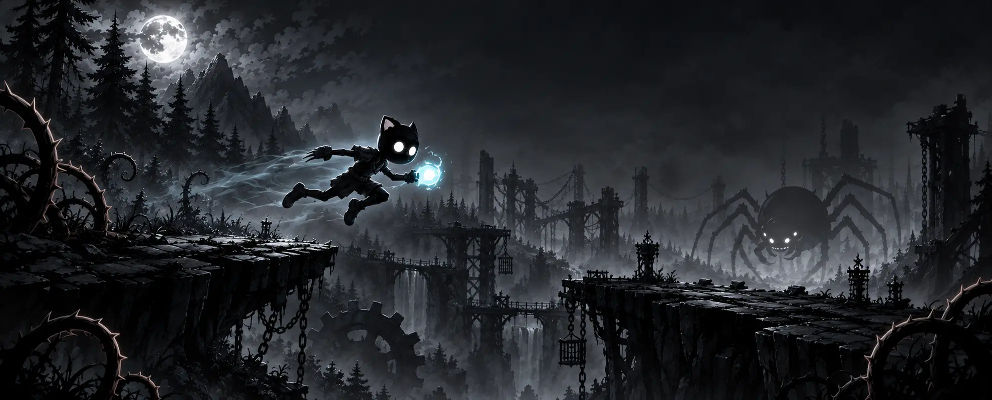 Shadow Cat gameplay showing a cat boy jumping through a dark forest